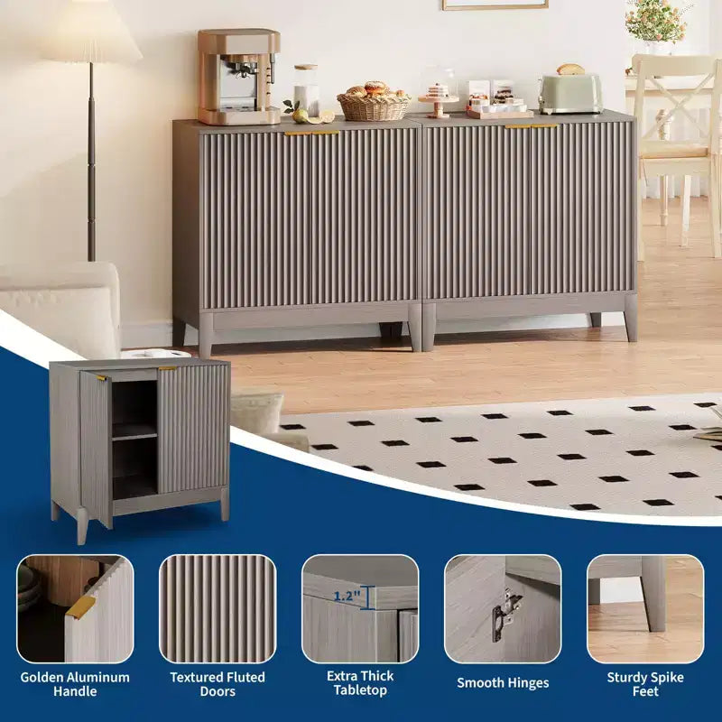 CuisinSmart Gabinete de almacenamiento estriado de 31.5 pulgadas con tiradores dorados, estante ajustable, aparador con acabado en roble, aparador moderno para comedor y cocina