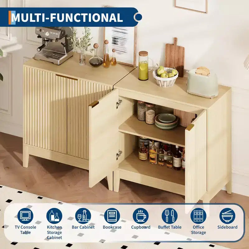 CuisinSmart Gabinete de almacenamiento estriado de 31.5 pulgadas con tiradores dorados, estante ajustable, aparador con acabado en roble, aparador moderno para comedor y cocina