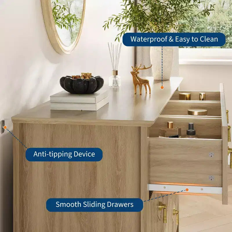 Cómoda de 7 cajones para dormitorio, cómoda de madera de 137 cm de ancho con tiradores de metal, organizador de ropa estriado, mueble de TV para pasillo