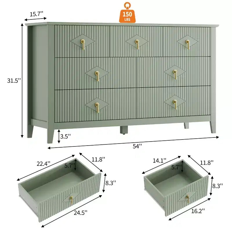 Cómoda de 7 cajones para dormitorio, cómoda de madera de 137 cm de ancho con tiradores de metal, organizador de ropa estriado, mueble de TV para pasillo