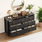 Cómoda de 7 cajones para dormitorio, cómoda de madera de 137 cm de ancho con tiradores de metal, organizador de ropa estriado, mueble de TV para pasillo