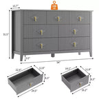Cómoda de 7 cajones para dormitorio, cómoda de madera de 137 cm de ancho con tiradores de metal, organizador de ropa estriado, mueble de TV para pasillo
