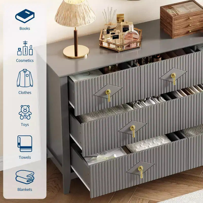 Cómoda de 7 cajones para dormitorio, cómoda de madera de 137 cm de ancho con tiradores de metal, organizador de ropa estriado, mueble de TV para pasillo