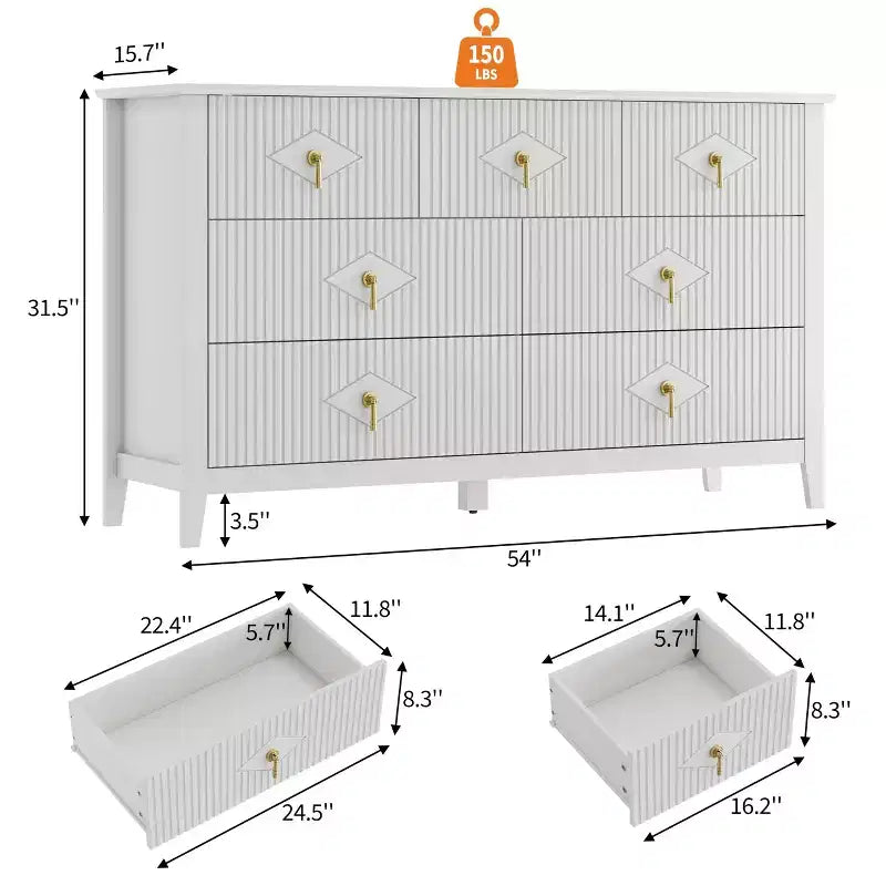 Cómoda de 7 cajones para dormitorio, cómoda de madera de 137 cm de ancho con tiradores de metal, organizador de ropa estriado, mueble de TV para pasillo