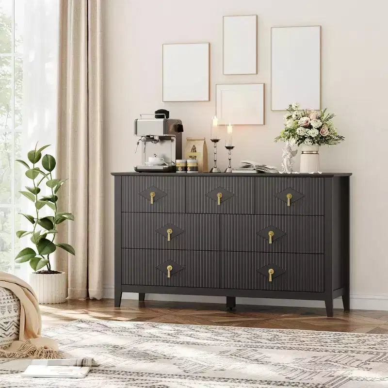 7 Drawer Dresser for Bedroom, 54W Wooden Chest of Drawers with Metal Handles, Fluted Clothes Storage Organizer, Dresser TV Stand for Hallway