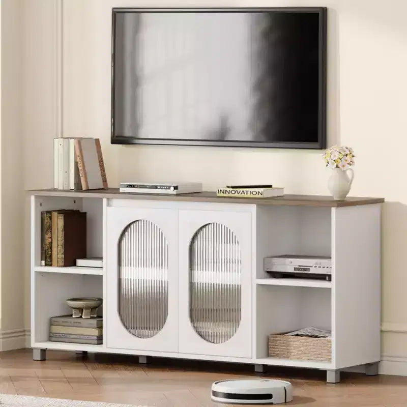 Mueble de TV Moderno para Televisores de 60/65/70 Pulgadas, Consola Multimedia con 2 Puertas de Gabinete de Vidrio Corrugado, 4 Estantes Abiertos, Centro de Entretenimiento con Almacenamiento