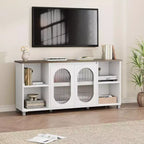 Mueble de TV Moderno para Televisores de 60/65/70 Pulgadas, Consola Multimedia con 2 Puertas de Gabinete de Vidrio Corrugado, 4 Estantes Abiertos, Centro de Entretenimiento con Almacenamiento