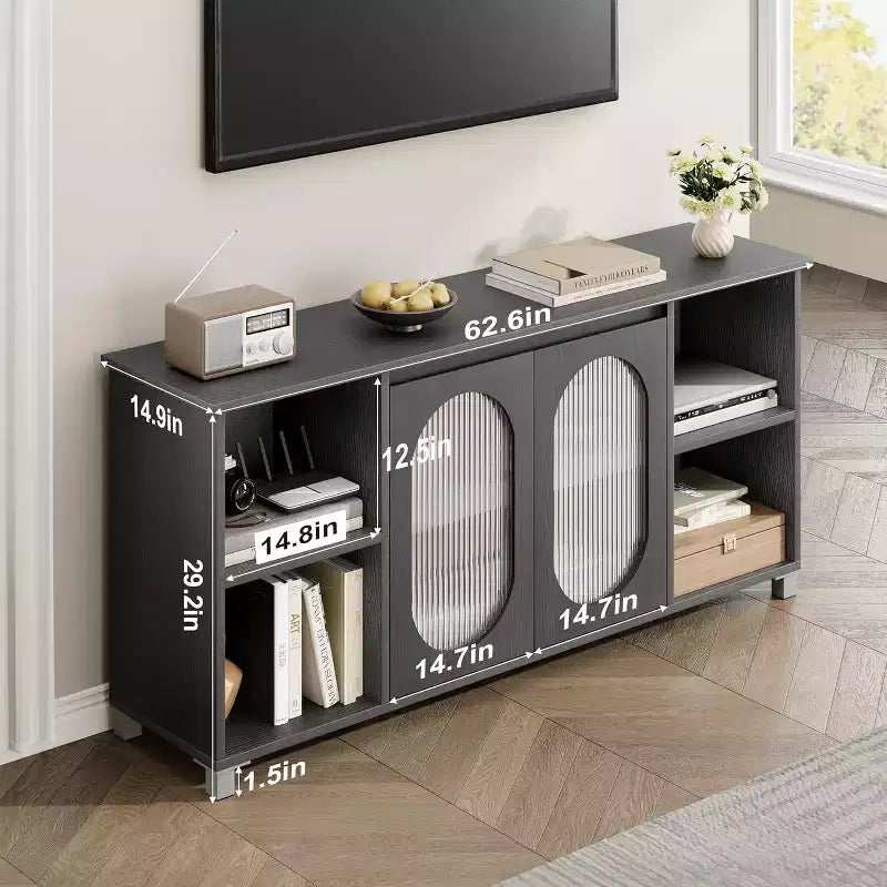 Mueble de TV Moderno para Televisores de 60/65/70 Pulgadas, Consola Multimedia con 2 Puertas de Gabinete de Vidrio Corrugado, 4 Estantes Abiertos, Centro de Entretenimiento con Almacenamiento