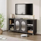 Mueble de TV Moderno para Televisores de 60/65/70 Pulgadas, Consola Multimedia con 2 Puertas de Gabinete de Vidrio Corrugado, 4 Estantes Abiertos, Centro de Entretenimiento con Almacenamiento