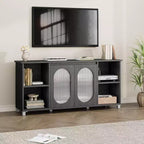 Mueble de TV Moderno para Televisores de 60/65/70 Pulgadas, Consola Multimedia con 2 Puertas de Gabinete de Vidrio Corrugado, 4 Estantes Abiertos, Centro de Entretenimiento con Almacenamiento