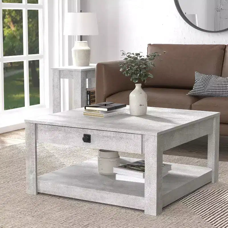Mesa de centro de madera Galano con cajón de almacenamiento 31.5 An. 31.5 Prof. 16.3 Al.