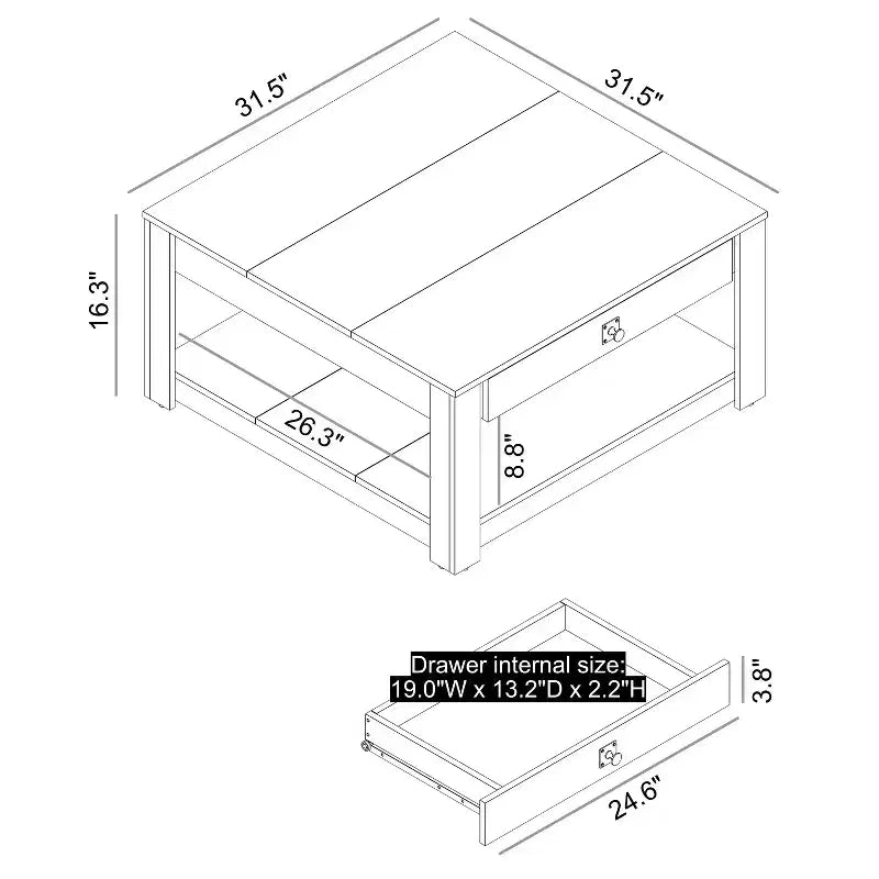 Mesa de centro de madera Galano con cajón de almacenamiento 31.5 An. 31.5 Prof. 16.3 Al.