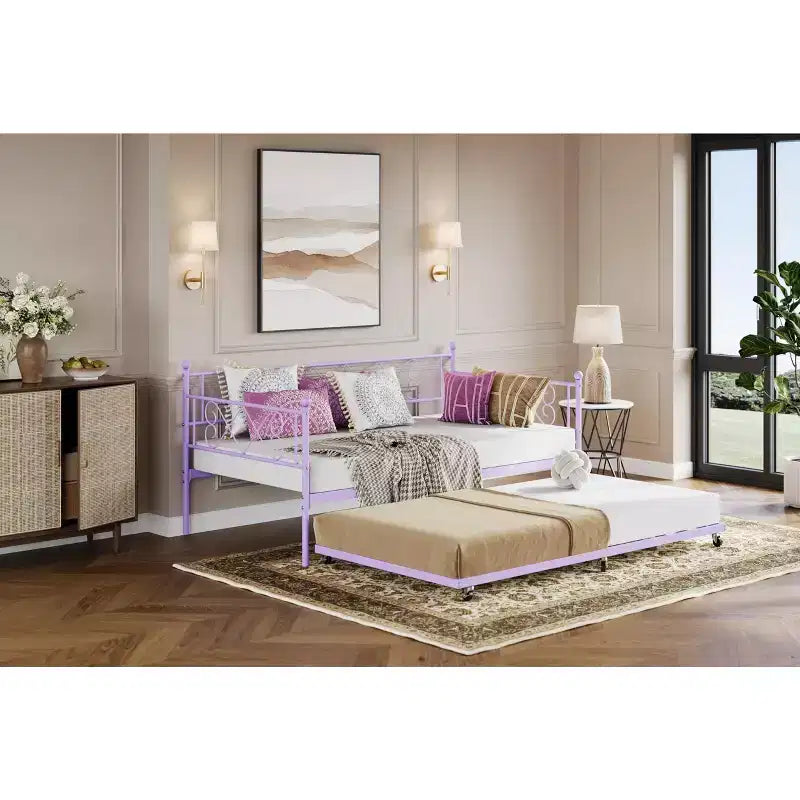 Cama de día con nido, Cama nido doble con cabecero en forma de corazón para niños, Cama de día de metal resistente con soporte de listones de acero, Cama de día doble púrpura