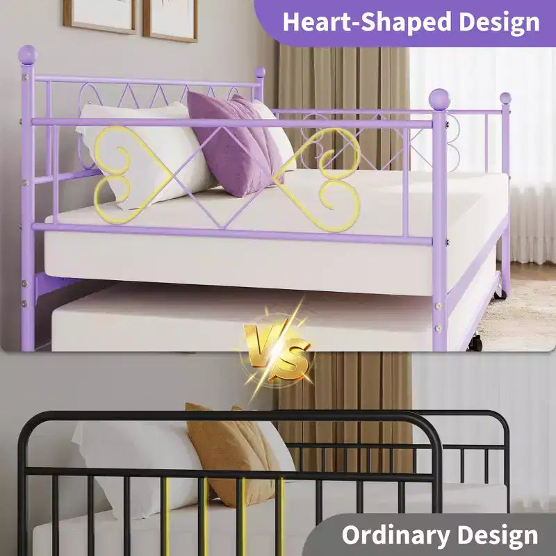 Cama de día con nido, Cama nido doble con cabecero en forma de corazón para niños, Cama de día de metal resistente con soporte de listones de acero, Cama de día doble púrpura