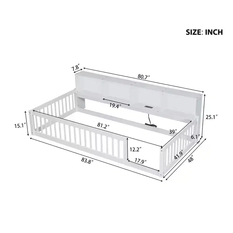 Cama Montessori para niños Bellemave con estantería, cama de suelo individual XL con estación de carga, estructura de cama de suelo con barandillas para niños, blanca