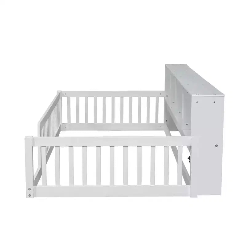 Cama Montessori para niños Bellemave con estantería, cama de suelo individual XL con estación de carga, estructura de cama de suelo con barandillas para niños, blanca