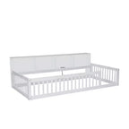 Cama Montessori para niños Bellemave con estantería, cama de suelo individual XL con estación de carga, estructura de cama de suelo con barandillas para niños, blanca