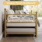 Cama nido Coolmee con cama supletoria, diván de metal tamaño individual con cabecero floral, estructura de cama moderna tipo sofá, soportes de láminas de acero de alta resistencia