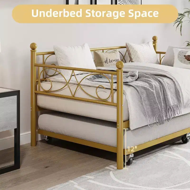 Cama nido Coolmee con cama supletoria, diván de metal tamaño individual con cabecero floral, estructura de cama moderna tipo sofá, soportes de láminas de acero de alta resistencia