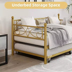 Cama nido Coolmee con cama supletoria, diván de metal tamaño individual con cabecero floral, estructura de cama moderna tipo sofá, soportes de láminas de acero de alta resistencia