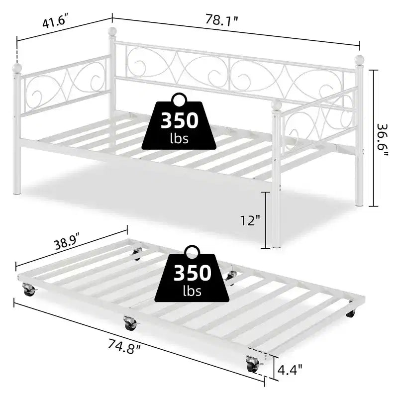 Cama nido Coolmee con cama supletoria, diván de metal tamaño individual con cabecero floral, estructura de cama moderna tipo sofá, soportes de láminas de acero de alta resistencia