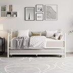 Cama nido Coolmee con cama supletoria, diván de metal tamaño individual con cabecero floral, estructura de cama moderna tipo sofá, soportes de láminas de acero de alta resistencia