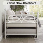 Cama nido Coolmee con cama supletoria, diván de metal tamaño individual con cabecero floral, estructura de cama moderna tipo sofá, soportes de láminas de acero de alta resistencia