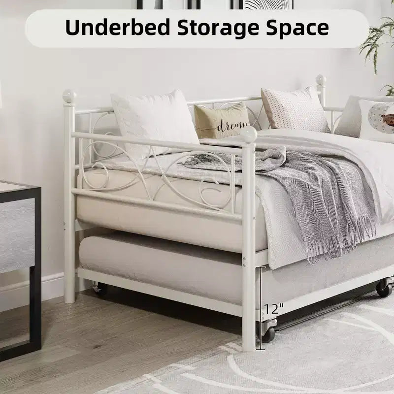 Cama nido Coolmee con cama supletoria, diván de metal tamaño individual con cabecero floral, estructura de cama moderna tipo sofá, soportes de láminas de acero de alta resistencia