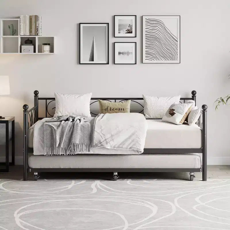 Cama nido Coolmee con cama supletoria, diván de metal tamaño individual con cabecero floral, estructura de cama moderna tipo sofá, soportes de láminas de acero de alta resistencia