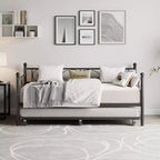 Cama nido Coolmee con cama supletoria, diván de metal tamaño individual con cabecero floral, estructura de cama moderna tipo sofá, soportes de láminas de acero de alta resistencia