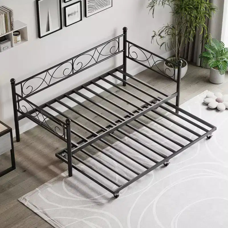 Cama nido Coolmee con cama supletoria, diván de metal tamaño individual con cabecero floral, estructura de cama moderna tipo sofá, soportes de láminas de acero de alta resistencia