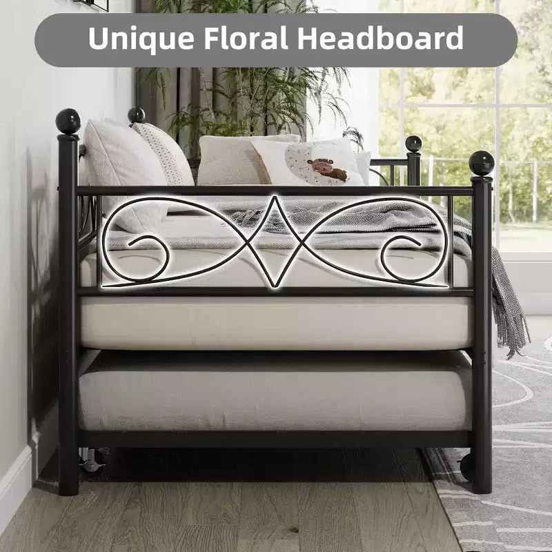 Cama nido Coolmee con cama supletoria, diván de metal tamaño individual con cabecero floral, estructura de cama moderna tipo sofá, soportes de láminas de acero de alta resistencia