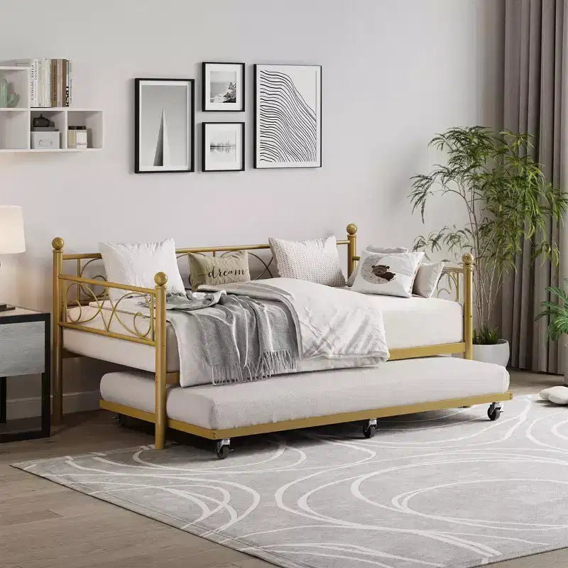 Cama nido Coolmee con cama supletoria, diván de metal tamaño individual con cabecero floral, estructura de cama moderna tipo sofá, soportes de láminas de acero de alta resistencia