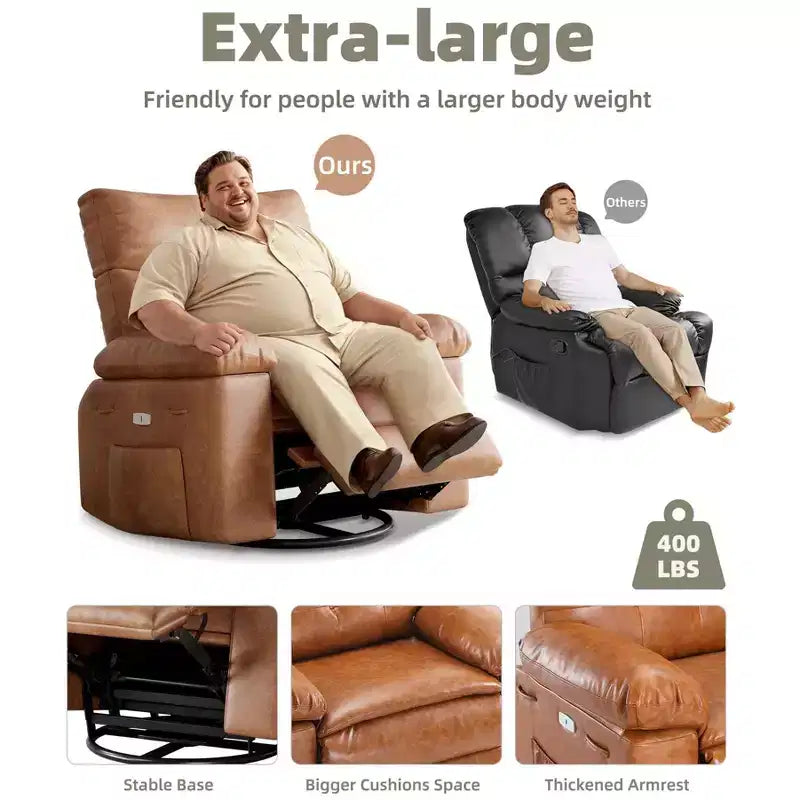 Sillones reclinables grandes GustoWave con calefacción y masaje - Sillón reclinable giratorio 360 para adultos - Mecedora manual