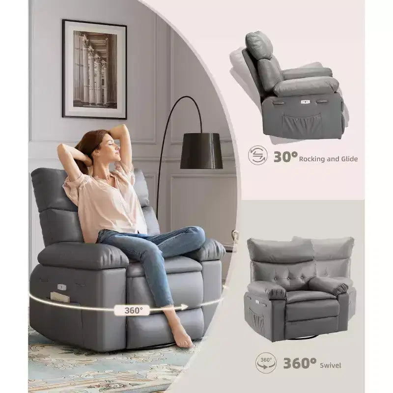 Sillones reclinables grandes GustoWave con calefacción y masaje - Sillón reclinable giratorio 360 para adultos - Mecedora manual