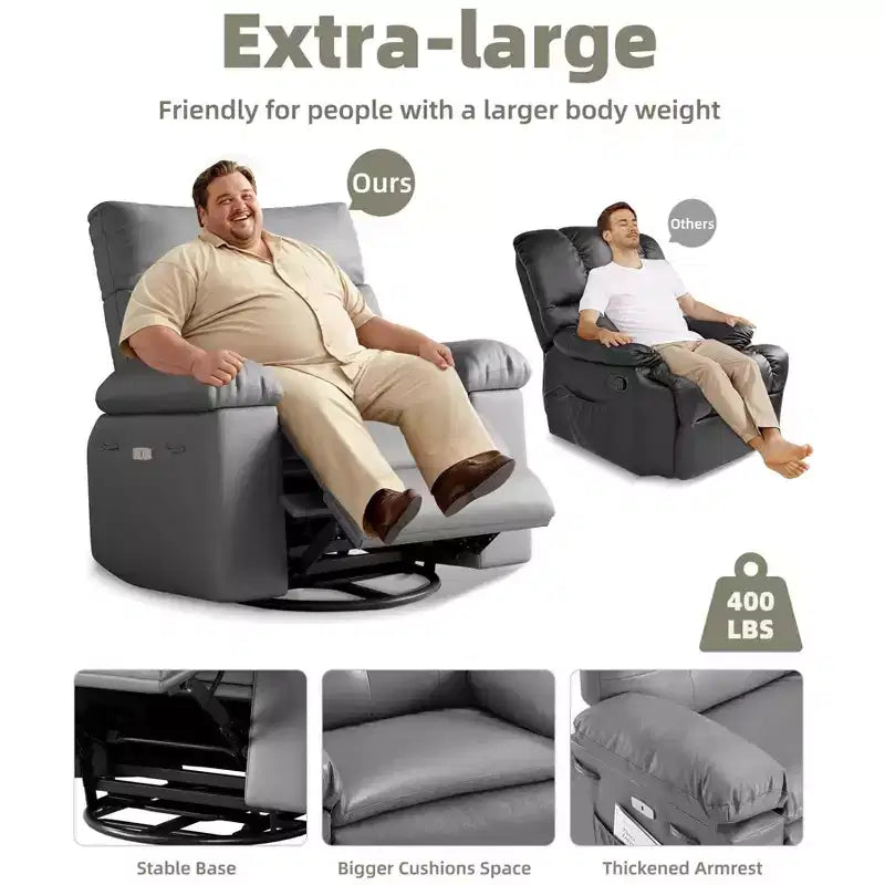 Sillones reclinables grandes GustoWave con calefacción y masaje - Sillón reclinable giratorio 360 para adultos - Mecedora manual