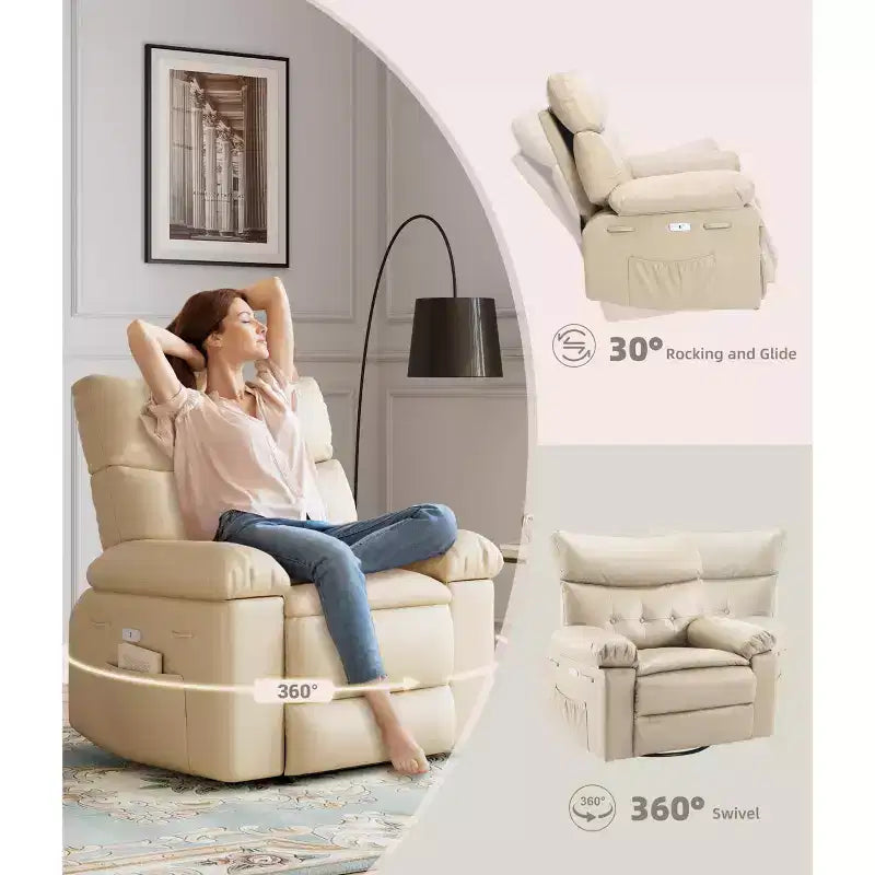 Sillones reclinables grandes GustoWave con calefacción y masaje - Sillón reclinable giratorio 360 para adultos - Mecedora manual