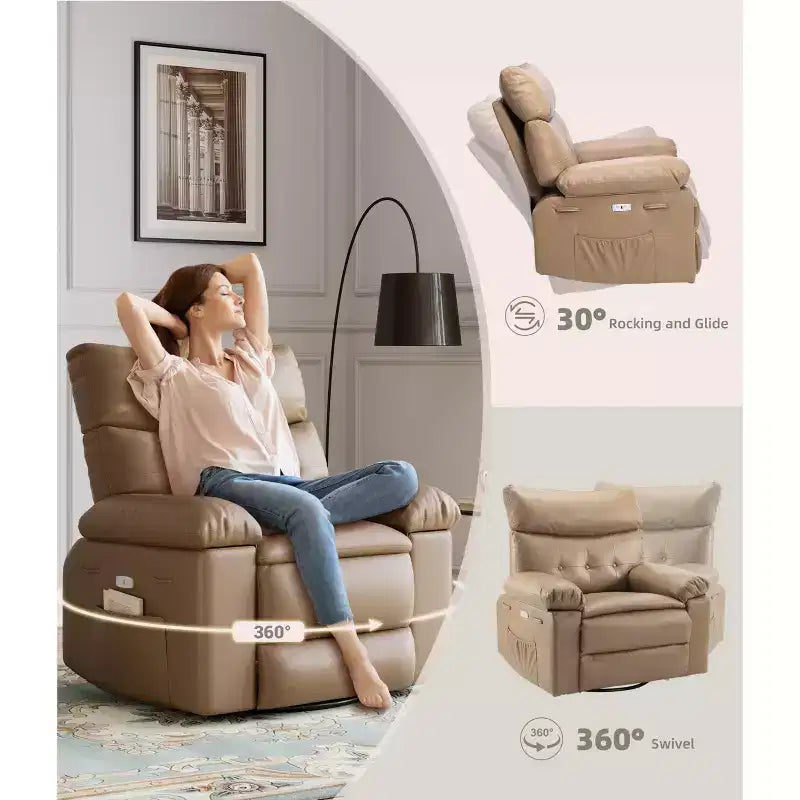 Sillones reclinables grandes GustoWave con calefacción y masaje - Sillón reclinable giratorio 360 para adultos - Mecedora manual