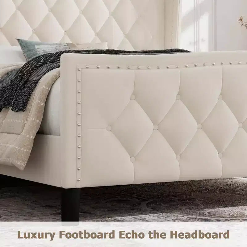 Base de Cama Tapizada de Lujo con Cabecero Ajustable - Tejido de Terciopelo y Soporte de Láminas de Madera