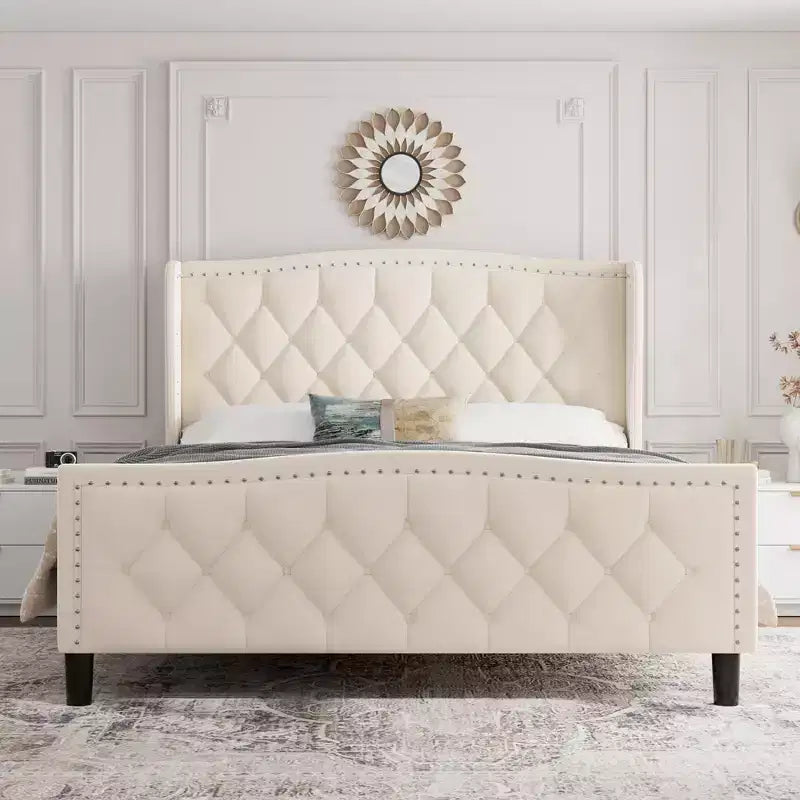 Base de Cama Tapizada de Lujo con Cabecero Ajustable - Tejido de Terciopelo y Soporte de Láminas de Madera