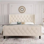 Base de Cama Tapizada de Lujo con Cabecero Ajustable - Tejido de Terciopelo y Soporte de Láminas de Madera