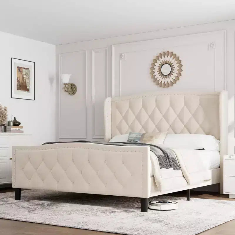 Base de Cama Tapizada de Lujo con Cabecero Ajustable - Tejido de Terciopelo y Soporte de Láminas de Madera