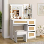 Acekool White Rattan Vanity Desk with Adjustable LED Mirror Light, 4 Drawers & 2 Open Shelves, Spacious Makeup Table for Bedroom