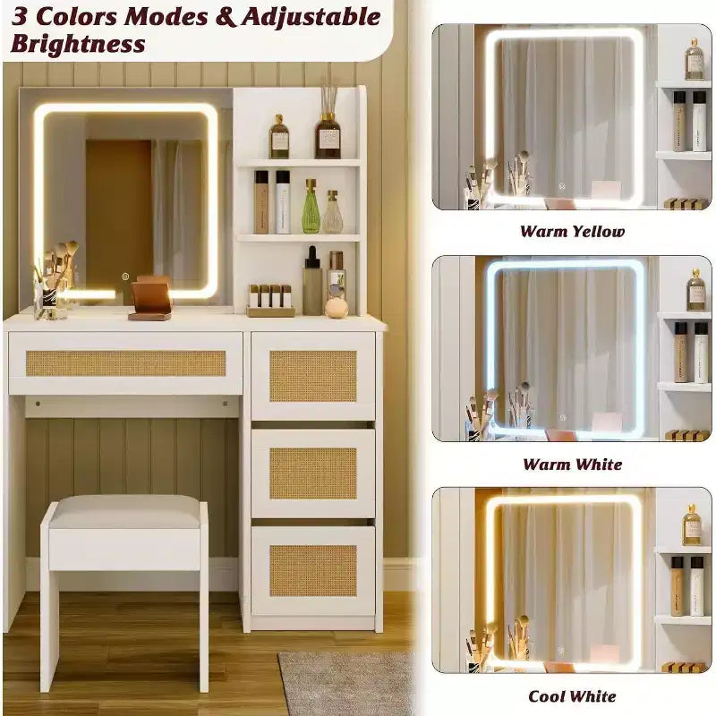 Escritorio de tocador Acekool de ratán blanco con luz LED de espejo ajustable, 4 cajones y 2 estantes abiertos, tocador espacioso para dormitorio