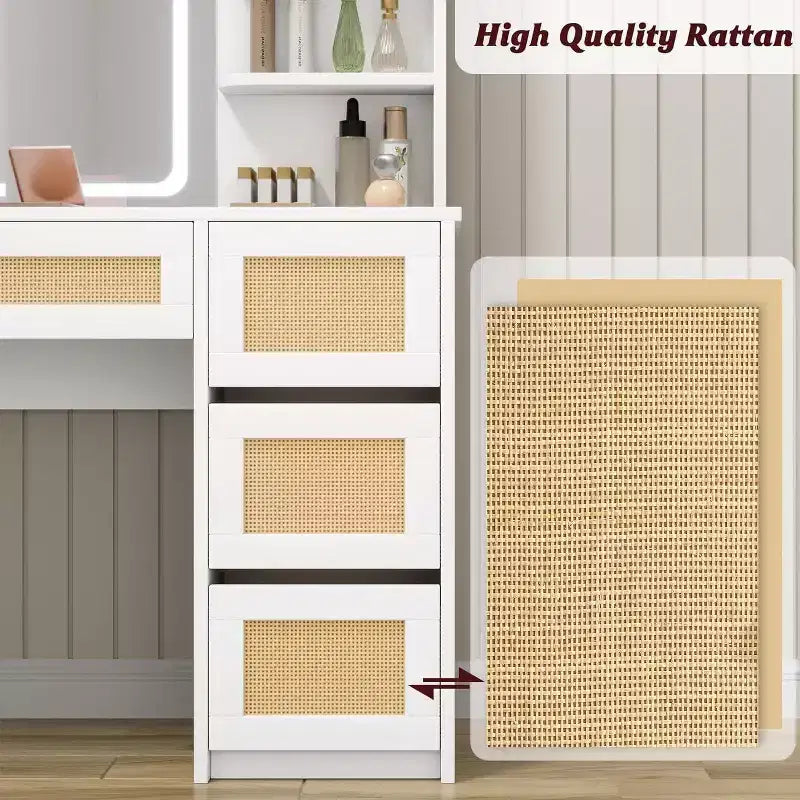 Escritorio de tocador Acekool de ratán blanco con luz LED de espejo ajustable, 4 cajones y 2 estantes abiertos, tocador espacioso para dormitorio