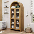 Acekool Arched Display Cabinet with Adjustable Shelves, 70 Tall Oak Storage Cabinet with Clear Acrylic Doors for Kitchen or Living Room