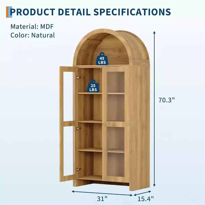Mueble Expositor Acekool con Arco y Estantes Ajustables, Vitrina de Almacenamiento de 178 cm de Alto en Roble con Puertas de Acrílico Transparente para Cocina o Salón