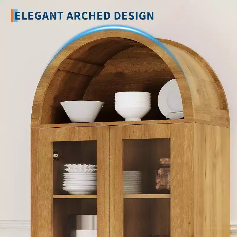 Mueble Expositor Acekool con Arco y Estantes Ajustables, Vitrina de Almacenamiento de 178 cm de Alto en Roble con Puertas de Acrílico Transparente para Cocina o Salón