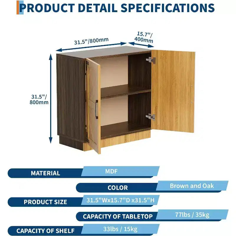 Acekool Aparador de Cocina de 31.5" - Gabinete de Almacenamiento Estilo Rústico con Estante Ajustable y Puertas para Cocina, Sala de Estar en Negro Marrón