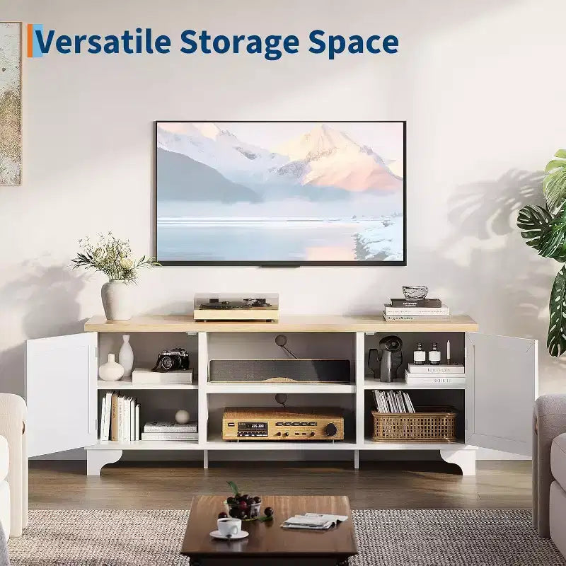 Mueble de TV de 70 pulgadas, Mueble de TV de ratán para sala de estar, Centro de entretenimiento boho, Gabinete consola de madera con almacenamiento y estante.